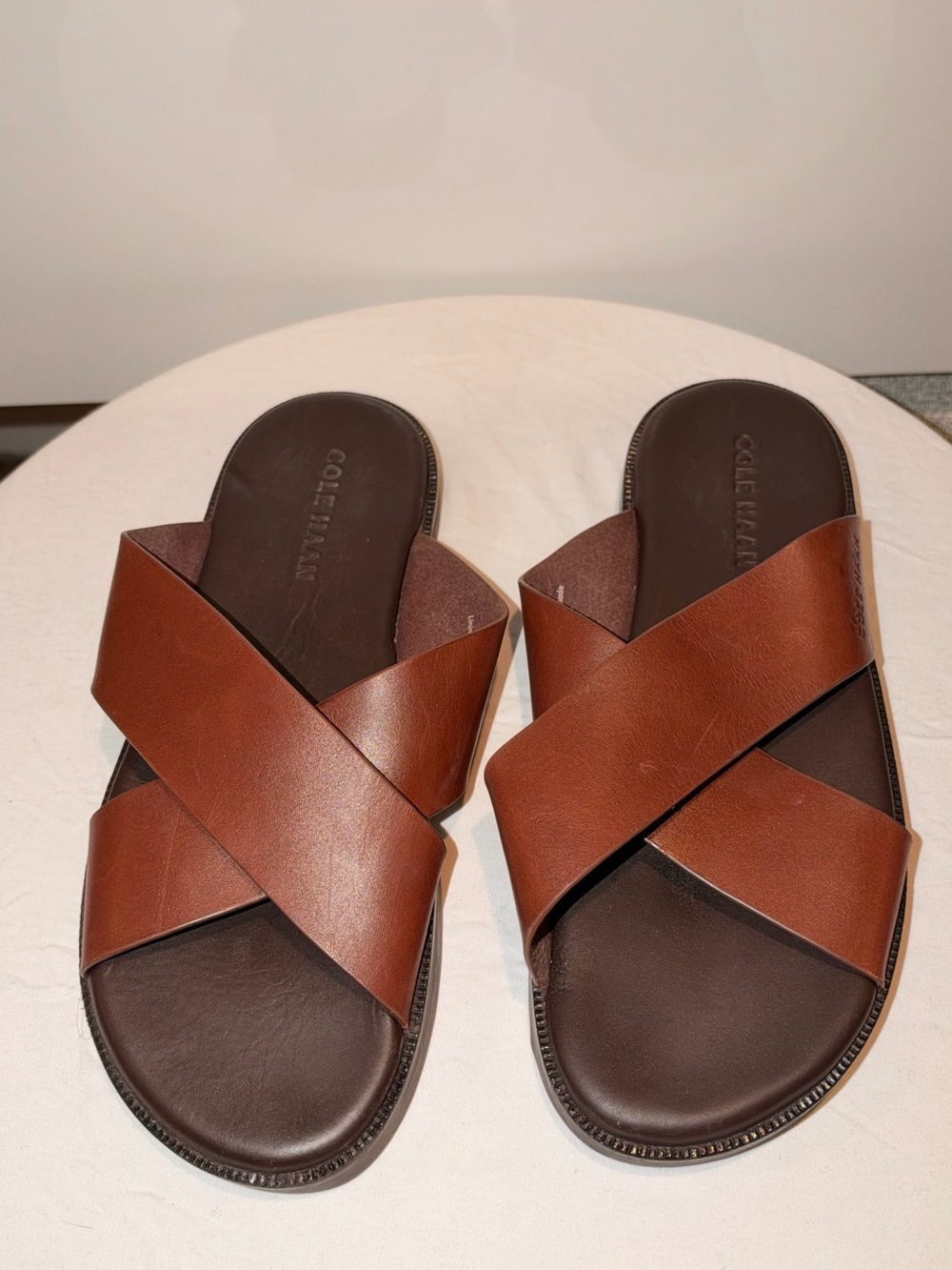 Cole Haan Men's Tan/Brown Leather Cross-Strap Slide Sandals
